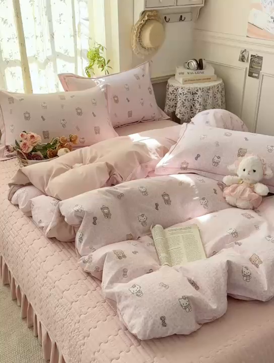 91家纺网 家纺一手货源 找家纺 富之航家纺 2026新款小清新床盖四件套 俏皮豹纹kt