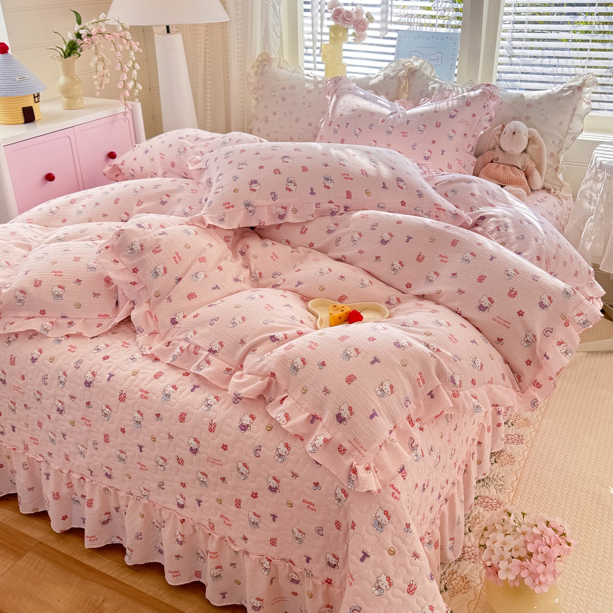 91家纺网 家纺一手货源 找家纺 逸尚阁 2026新款韩版木棉床盖四件套 猫猫宴会