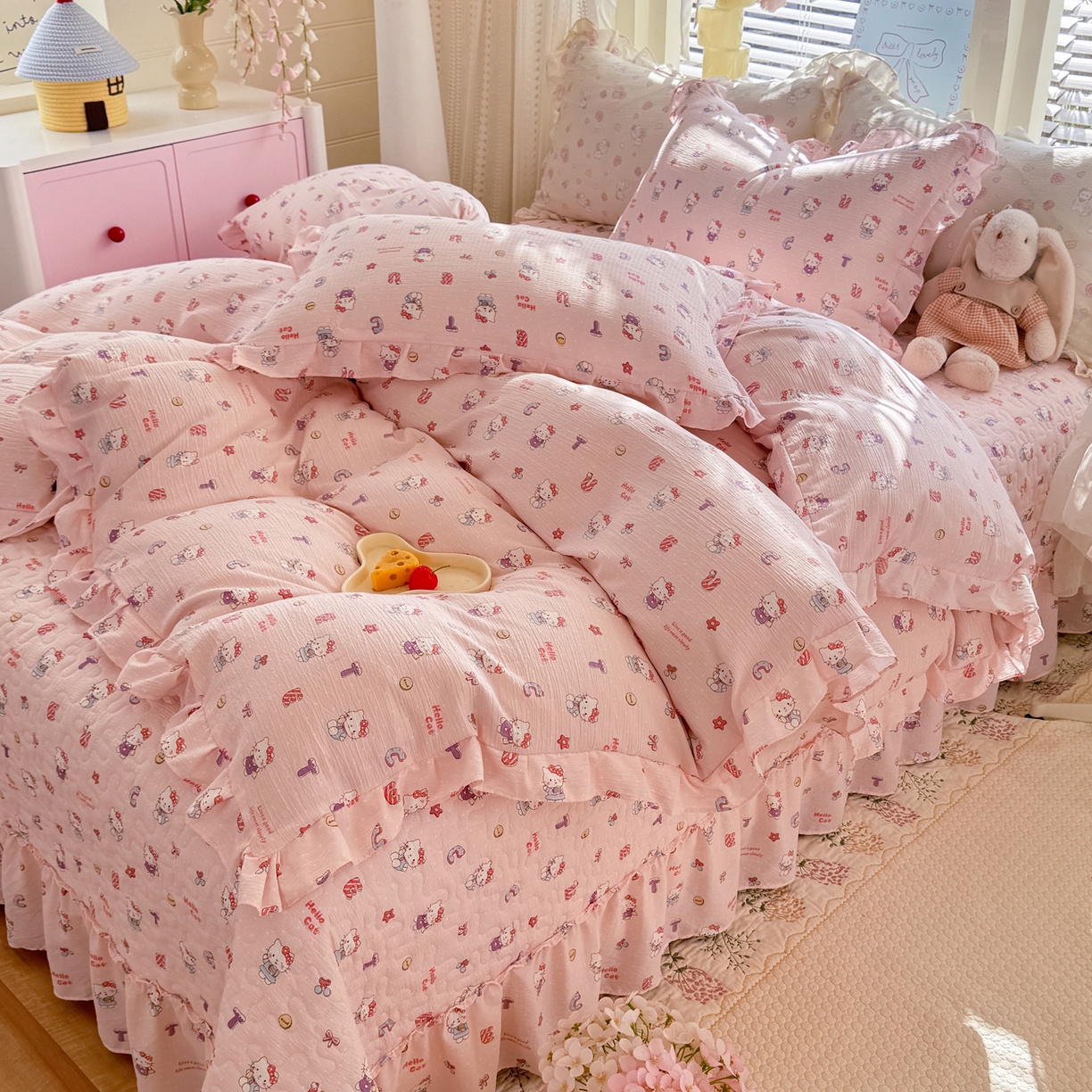 91家纺网 家纺一手货源 找家纺 逸尚阁 2026新款韩版木棉床盖四件套 猫猫宴会