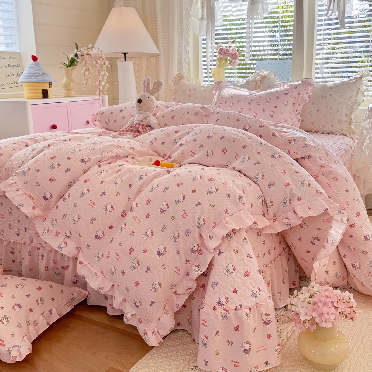 91家纺网 家纺一手货源 找家纺 逸尚阁 2026新款韩版木棉床盖四件套 猫猫宴会