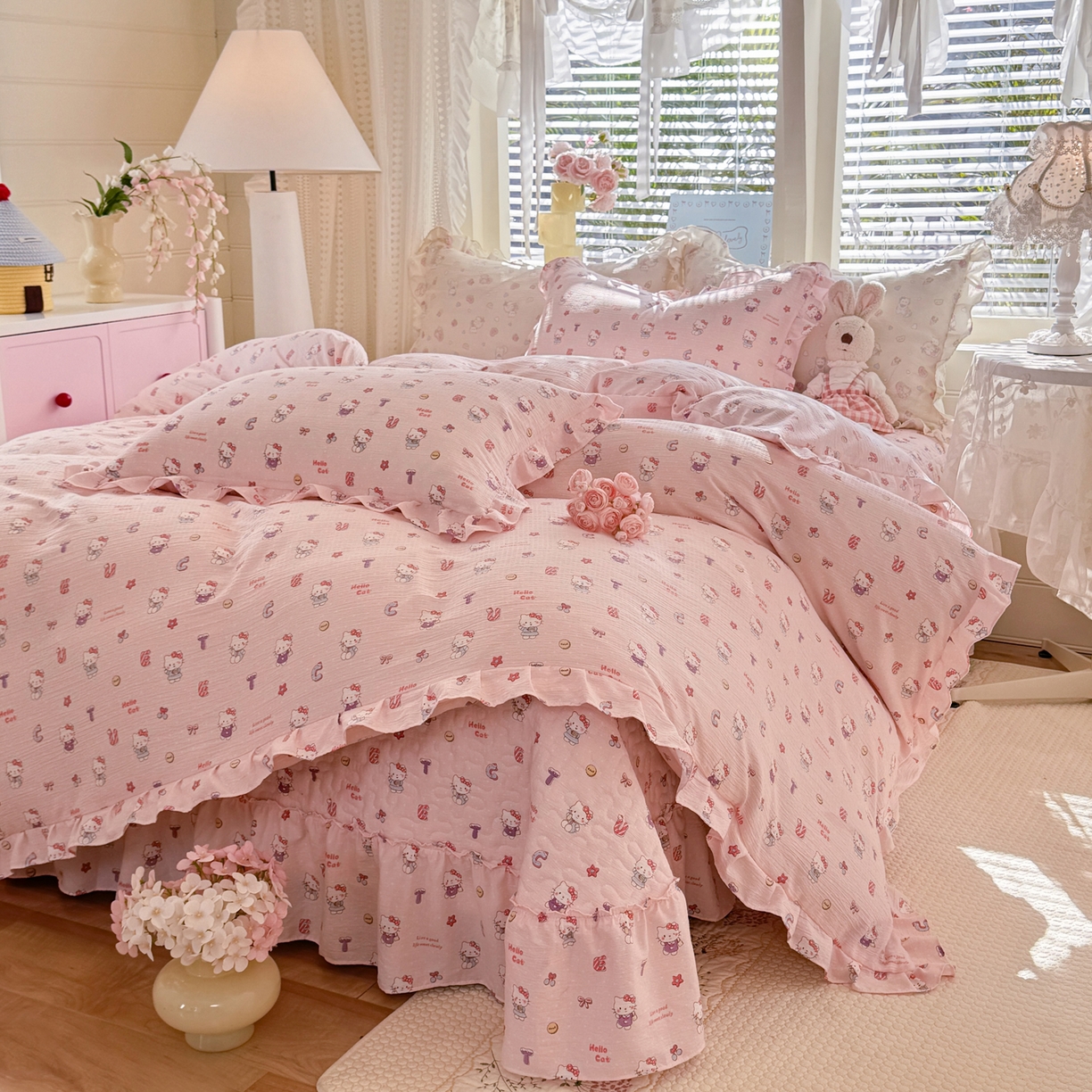 91家纺网 家纺一手货源 找家纺 逸尚阁 2026新款韩版木棉床盖四件套 猫猫宴会