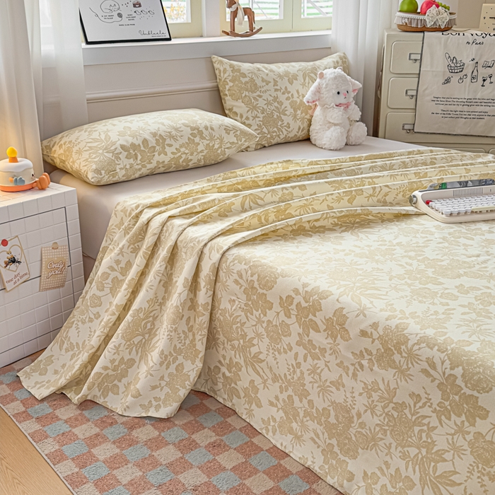 91家纺网 家纺一手货源 找家纺 爱彼家纺 2026新款细沙卡通原棉老粗布床单凉席床单三件套-新升级细沙 叶影