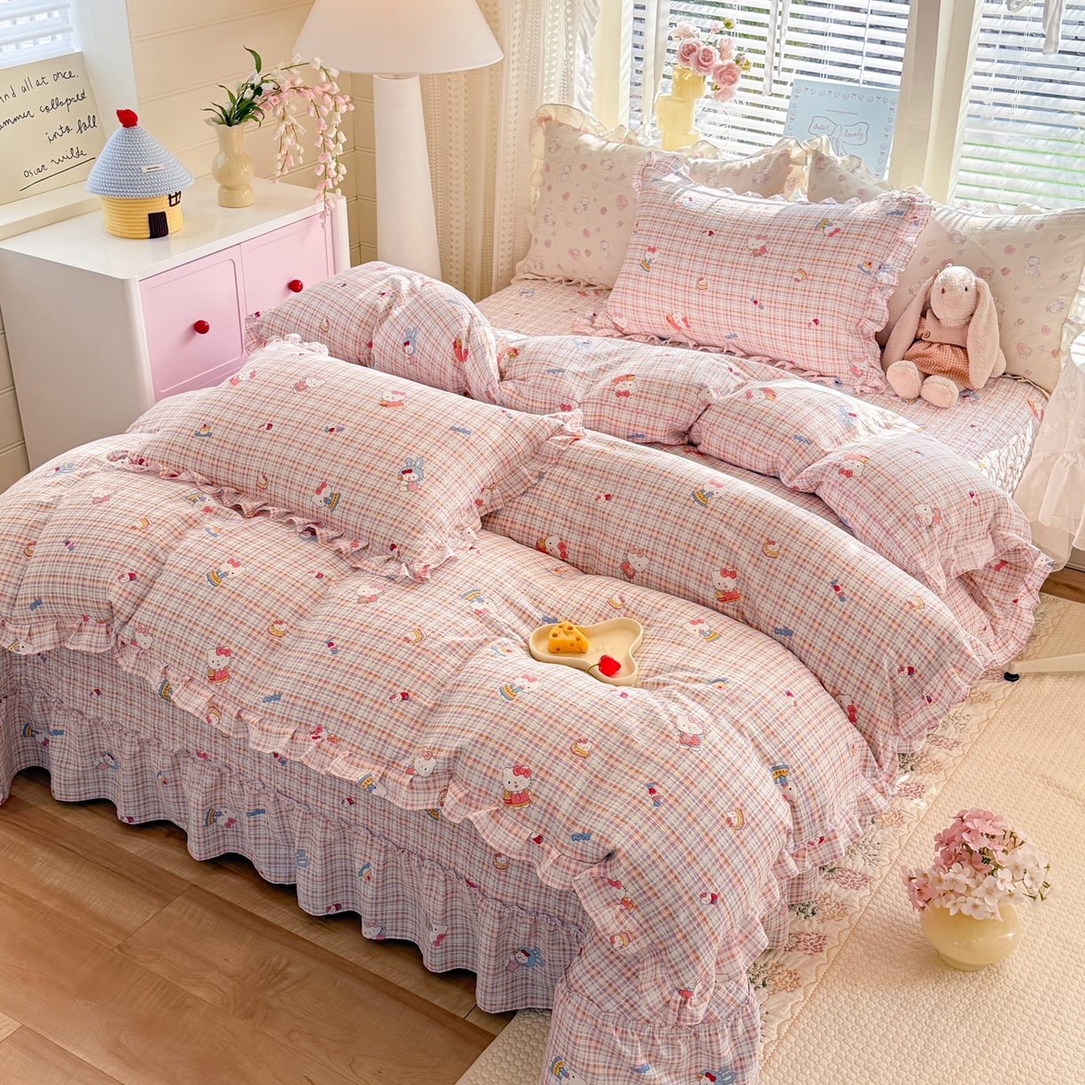 91家纺网 家纺一手货源 找家纺 逸尚阁 2026新款韩版木棉床盖四件套 甜心kitty