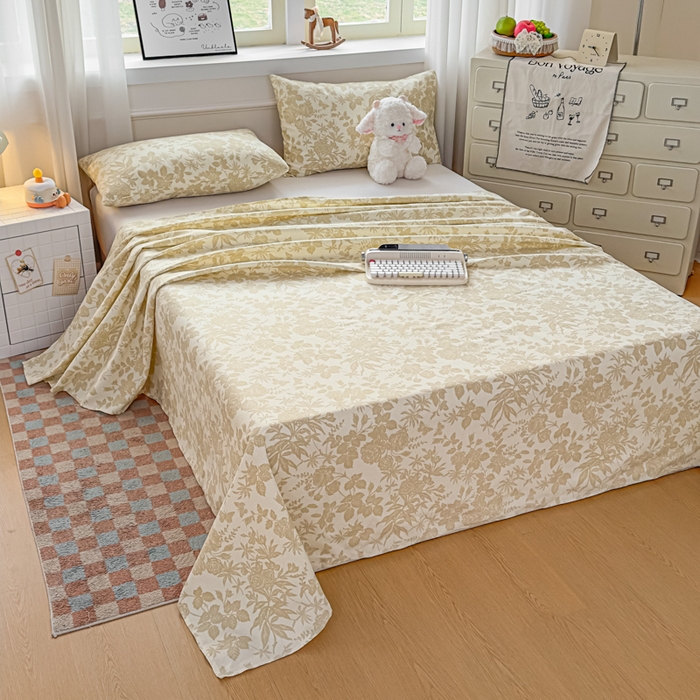 91家纺网 家纺一手货源 找家纺 爱彼家纺 2026新款细沙卡通原棉老粗布床单凉席床单三件套-新升级细沙 叶影