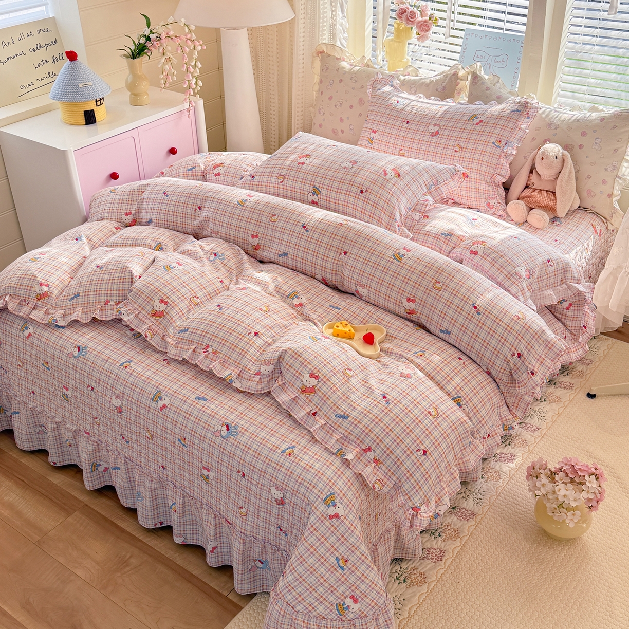 91家纺网 家纺一手货源 找家纺 逸尚阁 2026新款韩版木棉床盖四件套 甜心kitty