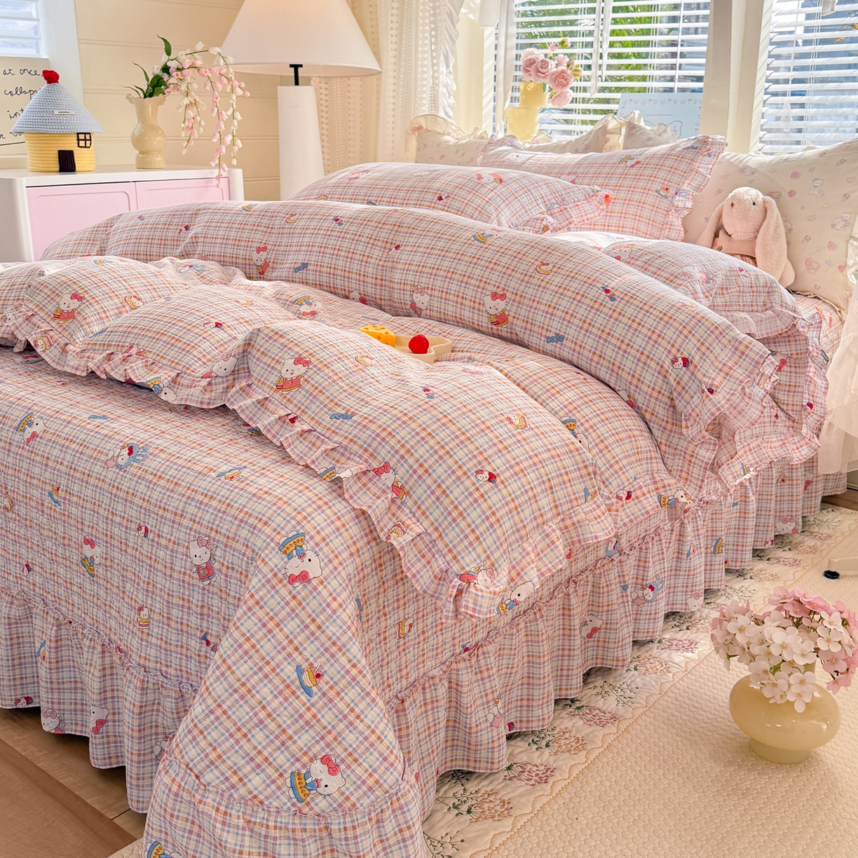 91家纺网 家纺一手货源 找家纺 逸尚阁 2026新款韩版木棉床盖四件套 甜心kitty