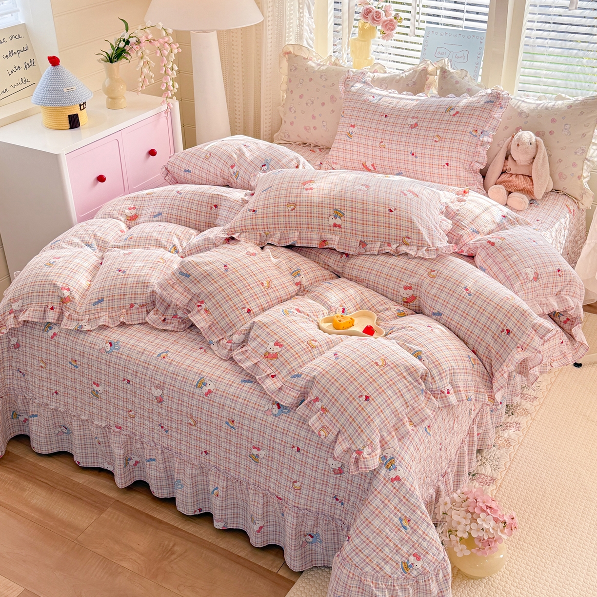 91家纺网 家纺一手货源 找家纺 逸尚阁 2026新款韩版木棉床盖四件套 甜心kitty