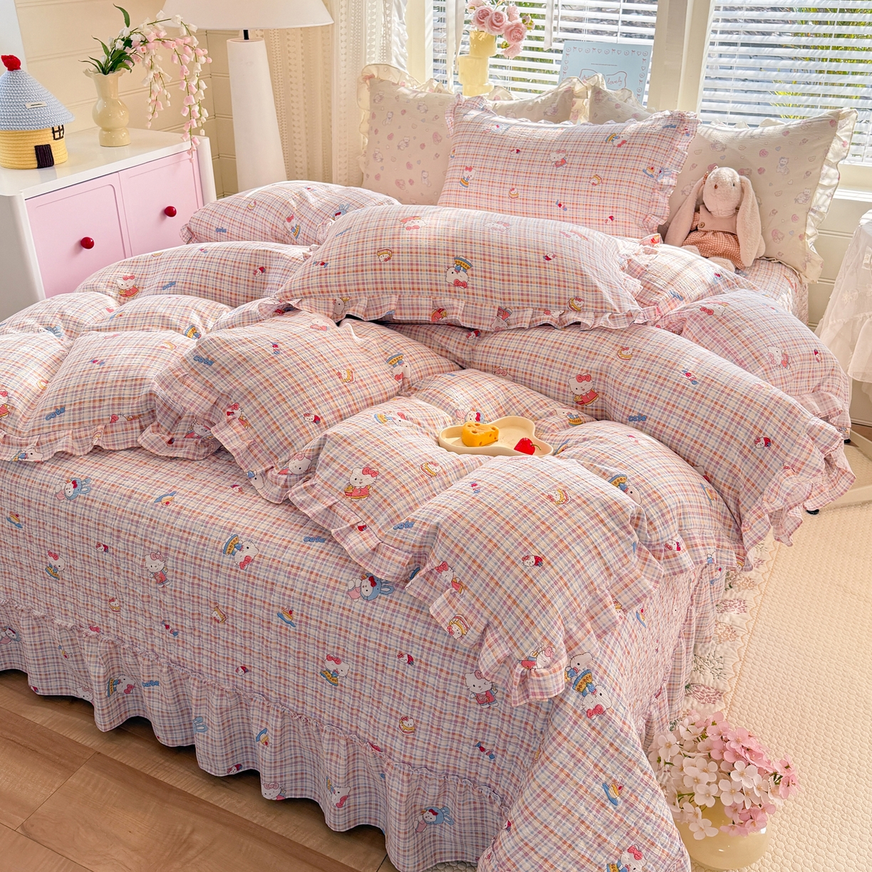 91家纺网 家纺一手货源 找家纺 逸尚阁 2026新款韩版木棉床盖四件套 甜心kitty