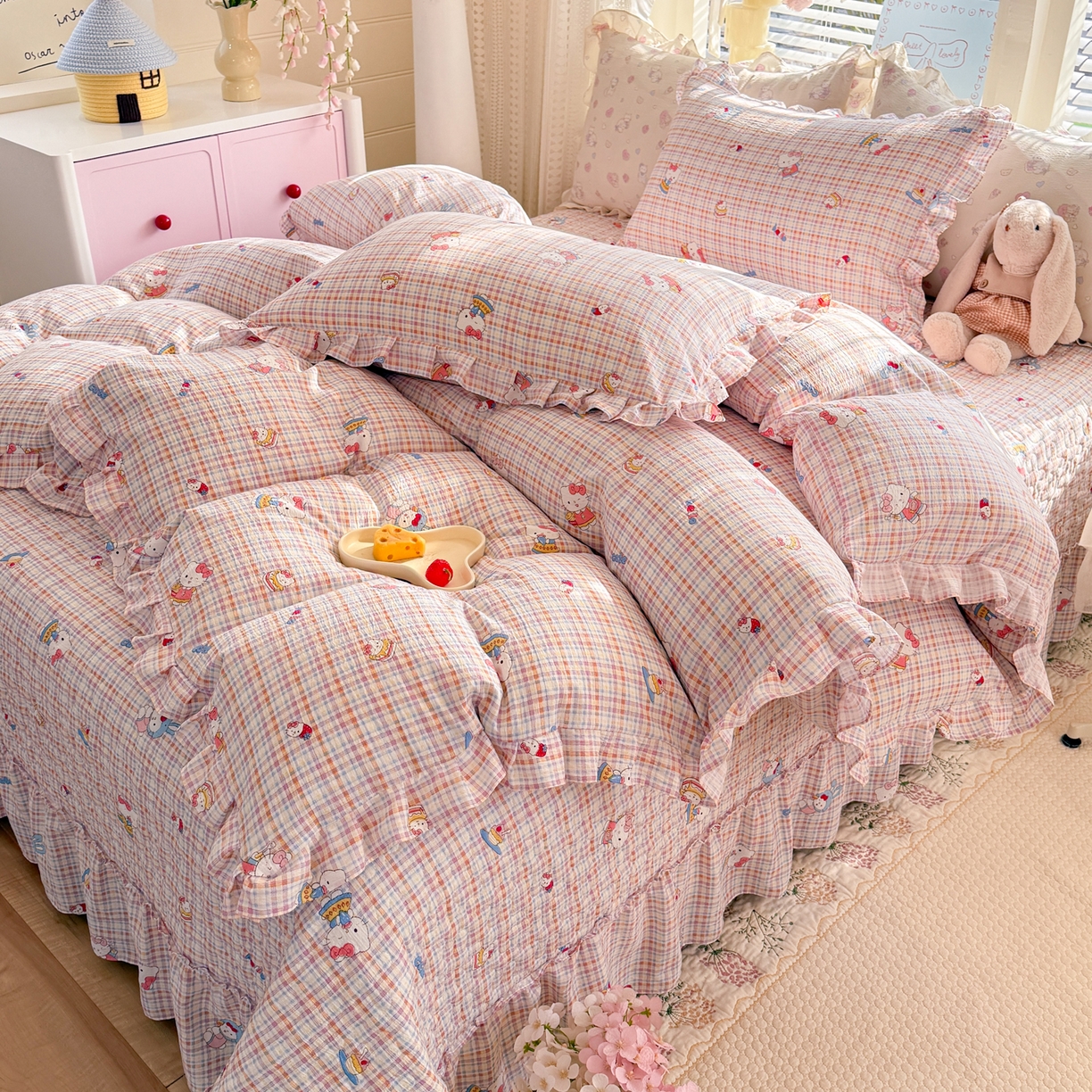 91家纺网 家纺一手货源 找家纺 逸尚阁 2026新款韩版木棉床盖四件套 甜心kitty