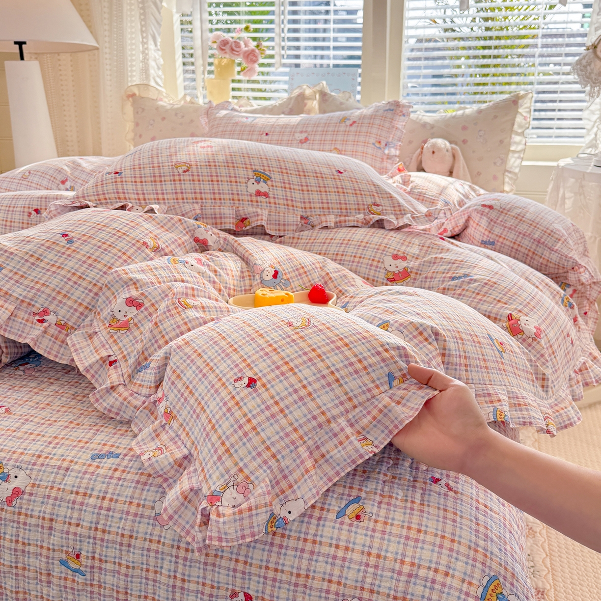 91家纺网 家纺一手货源 找家纺 逸尚阁 2026新款韩版木棉床盖四件套 甜心kitty