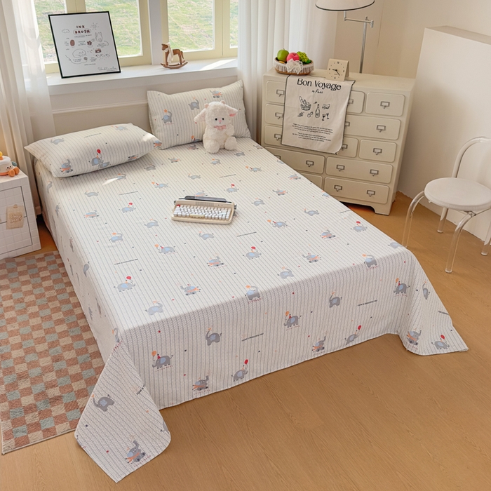 91家纺网 家纺一手货源 找家纺 爱彼家纺 2026新款细沙卡通原棉老粗布床单凉席床单三件套-新升级细沙 元气小象