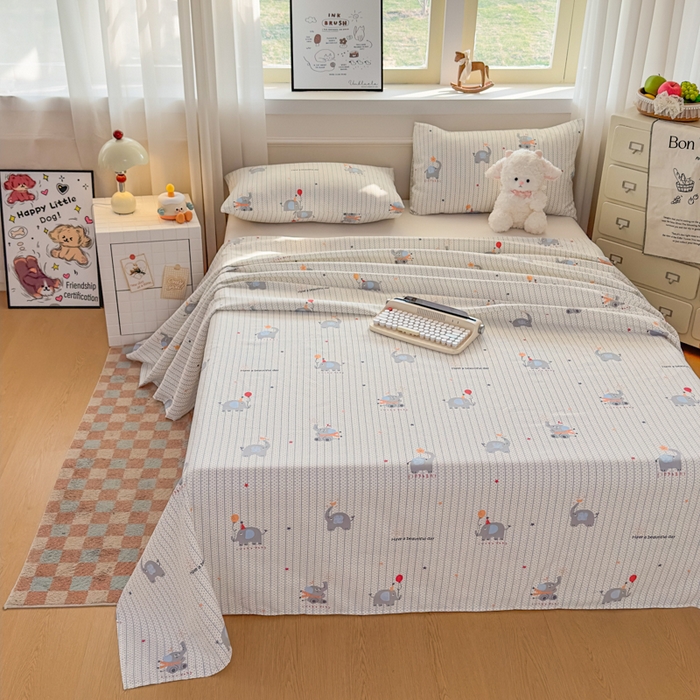 91家纺网 家纺一手货源 找家纺 爱彼家纺 2026新款细沙卡通原棉老粗布床单凉席床单三件套-新升级细沙 元气小象