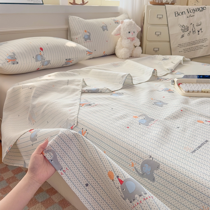 91家纺网 家纺一手货源 找家纺 爱彼家纺 2026新款细沙卡通原棉老粗布床单凉席床单三件套-新升级细沙 元气小象