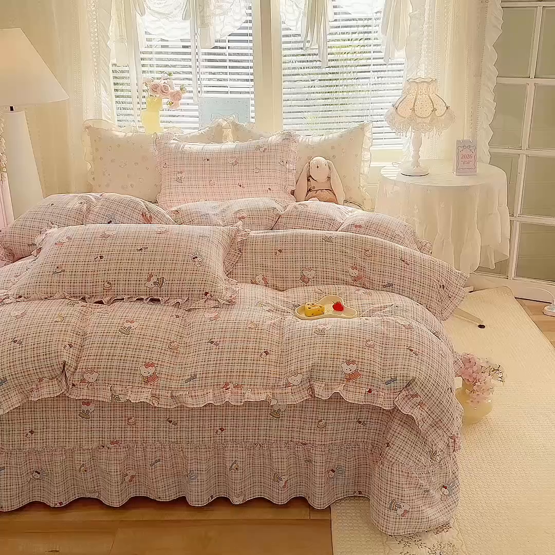 91家纺网 家纺一手货源 找家纺 逸尚阁 2026新款韩版木棉床盖四件套 甜心kitty