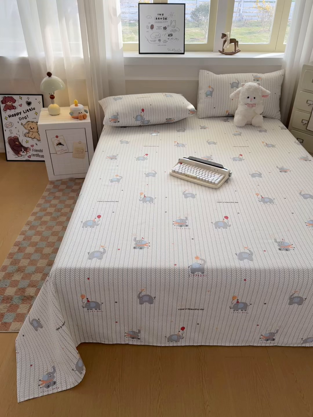 91家纺网 家纺一手货源 找家纺 爱彼家纺 2026新款细沙卡通原棉老粗布床单凉席床单三件套-新升级细沙 元气小象