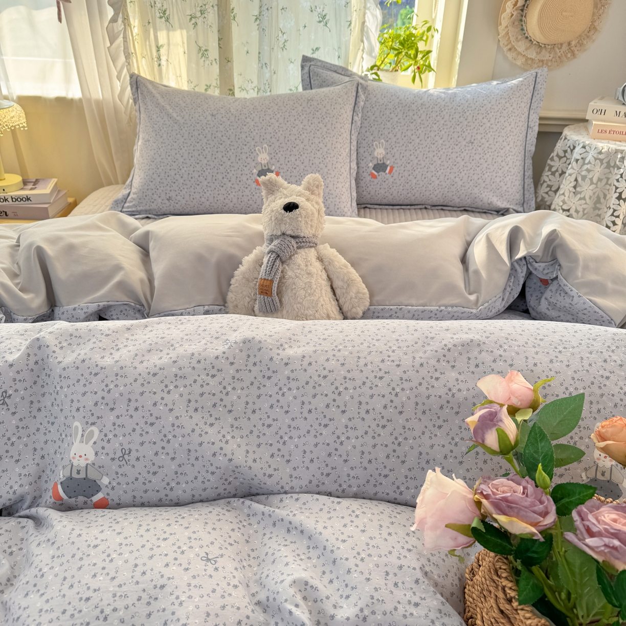 91家纺网 家纺一手货源 找家纺 富之航家纺 2026新款小清新床盖四件套 童年小兔