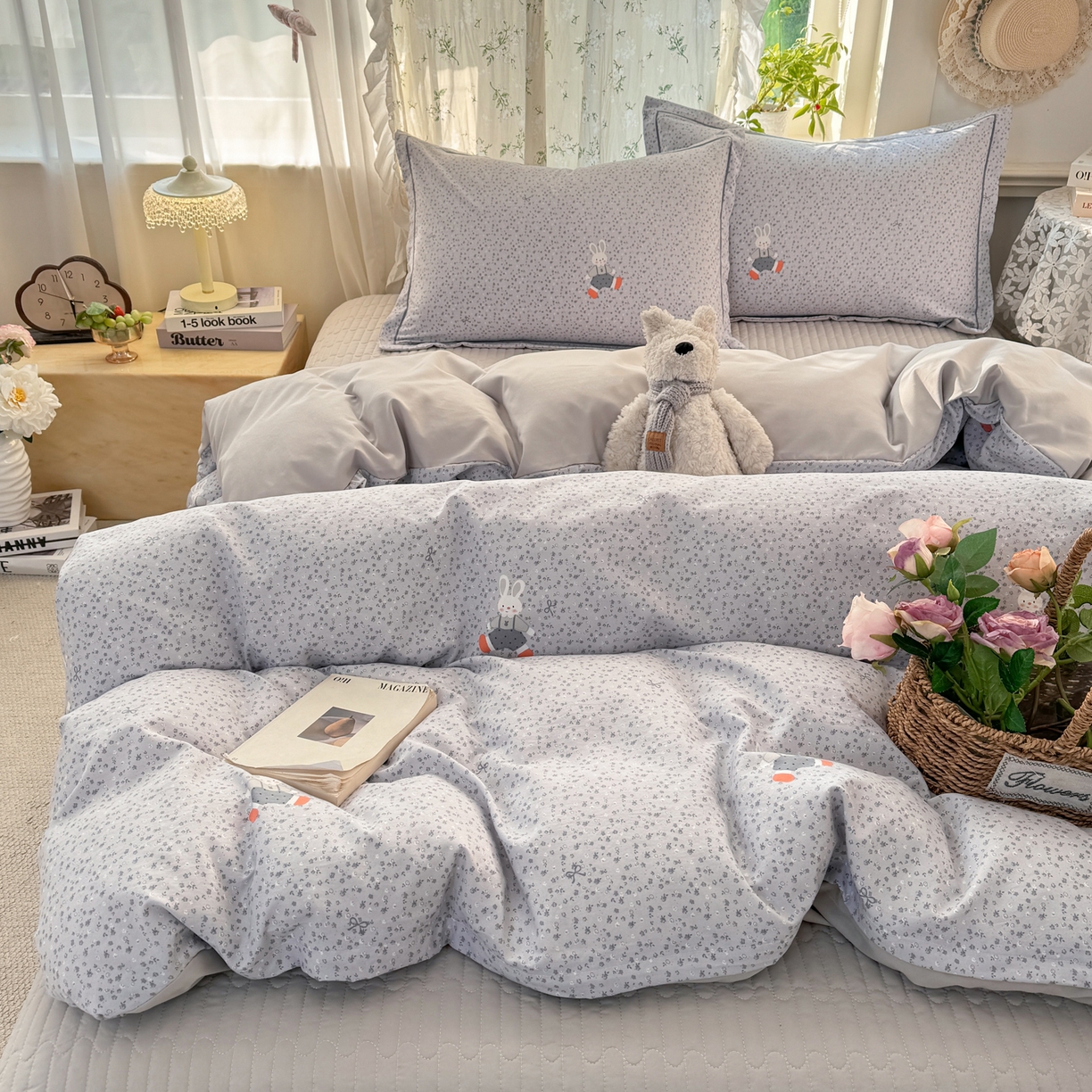 91家纺网 家纺一手货源 找家纺 富之航家纺 2026新款小清新床盖四件套 童年小兔