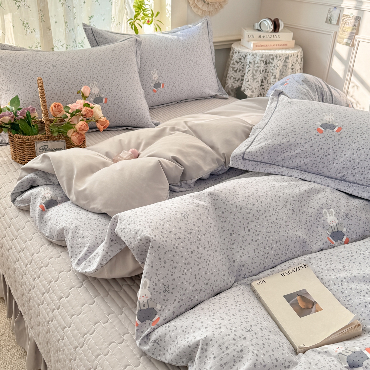 91家纺网 家纺一手货源 找家纺 富之航家纺 2026新款小清新床盖四件套 童年小兔