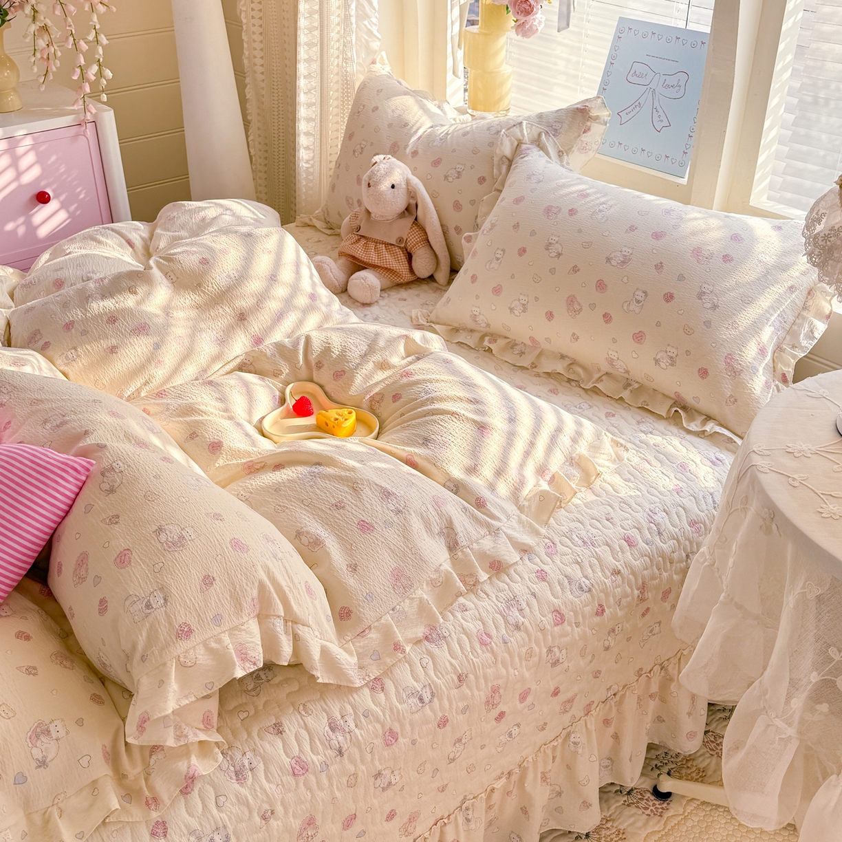 91家纺网 家纺一手货源 找家纺 逸尚阁 2026新款韩版木棉床盖四件套 幸运喵蓝