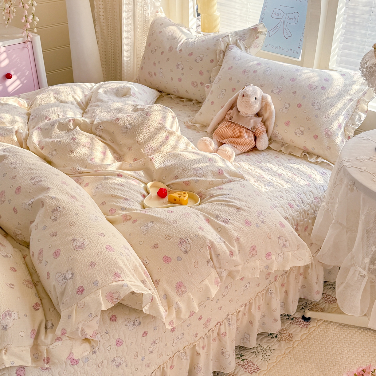 91家纺网 家纺一手货源 找家纺 逸尚阁 2026新款韩版木棉床盖四件套 幸运喵蓝