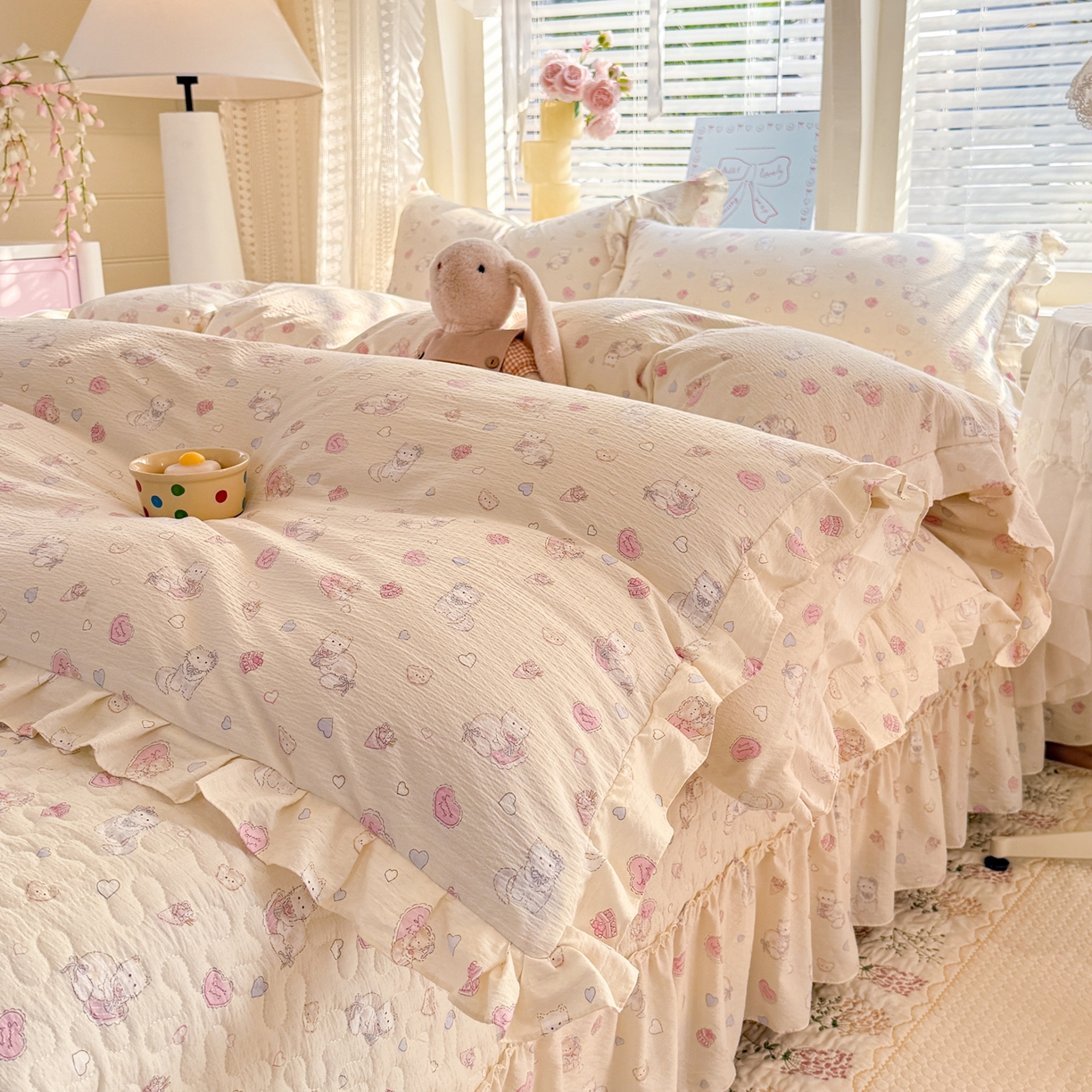 91家纺网 家纺一手货源 找家纺 逸尚阁 2026新款韩版木棉床盖四件套 幸运喵蓝