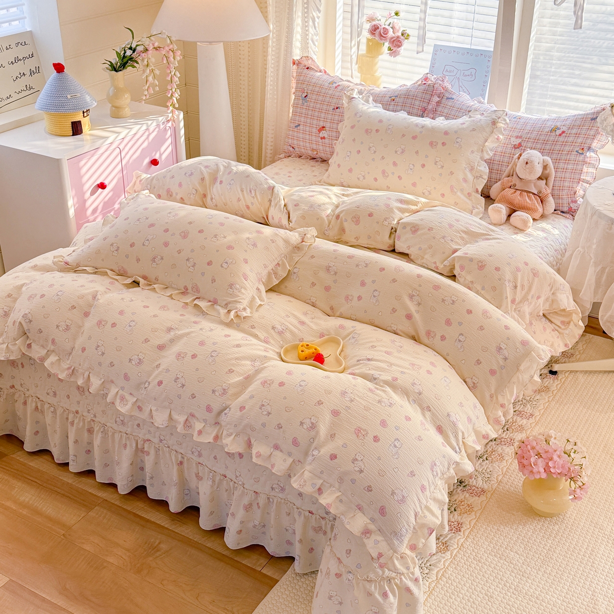 91家纺网 家纺一手货源 找家纺 逸尚阁 2026新款韩版木棉床盖四件套 幸运喵蓝