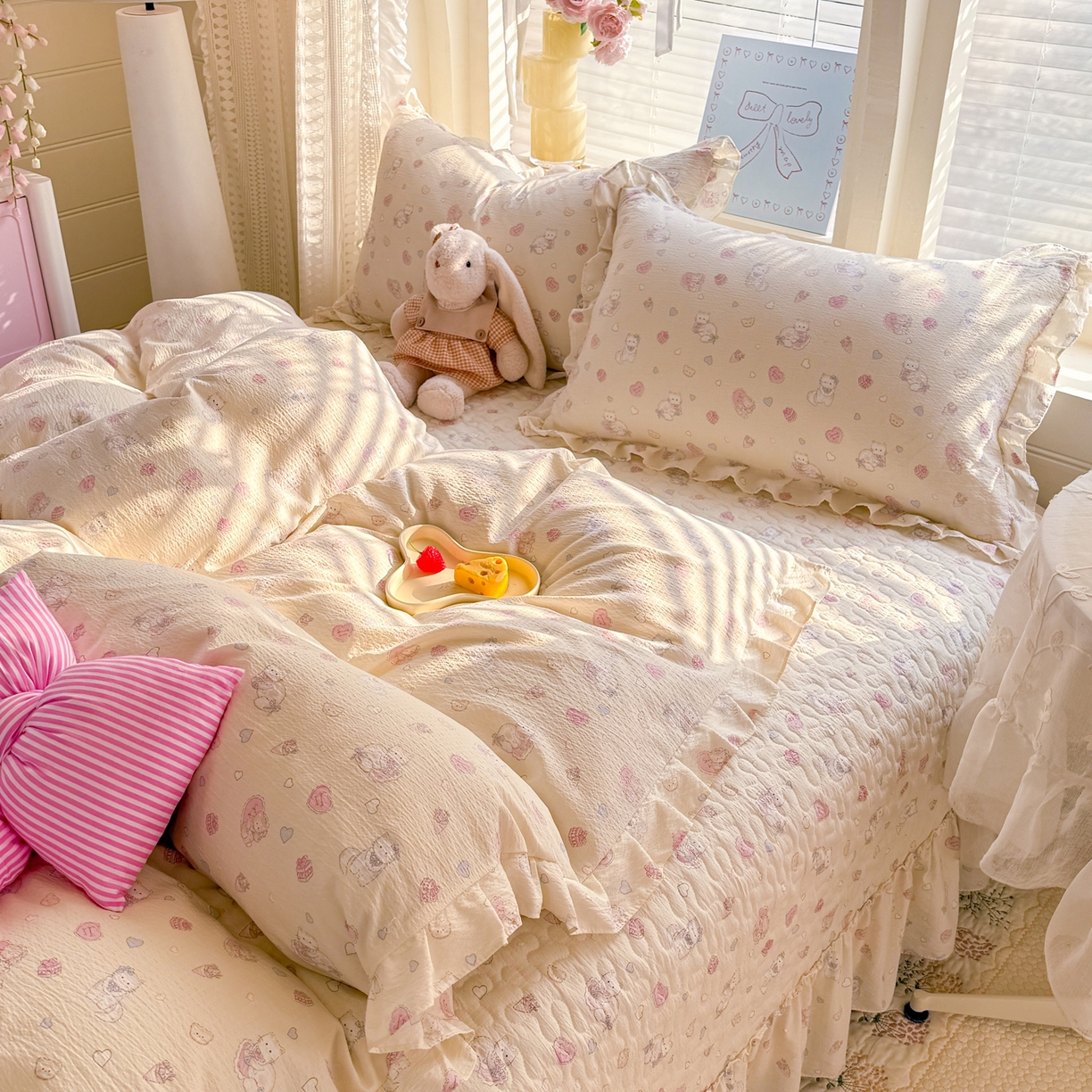 91家纺网 家纺一手货源 找家纺 逸尚阁 2026新款韩版木棉床盖四件套 幸运喵蓝