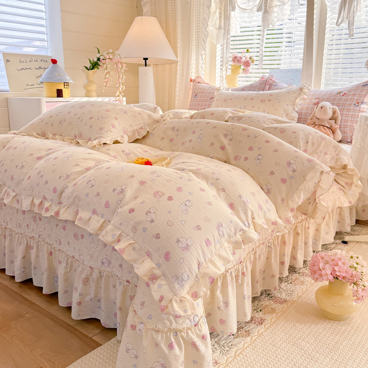 91家纺网 家纺一手货源 找家纺 逸尚阁 2026新款韩版木棉床盖四件套 幸运喵蓝