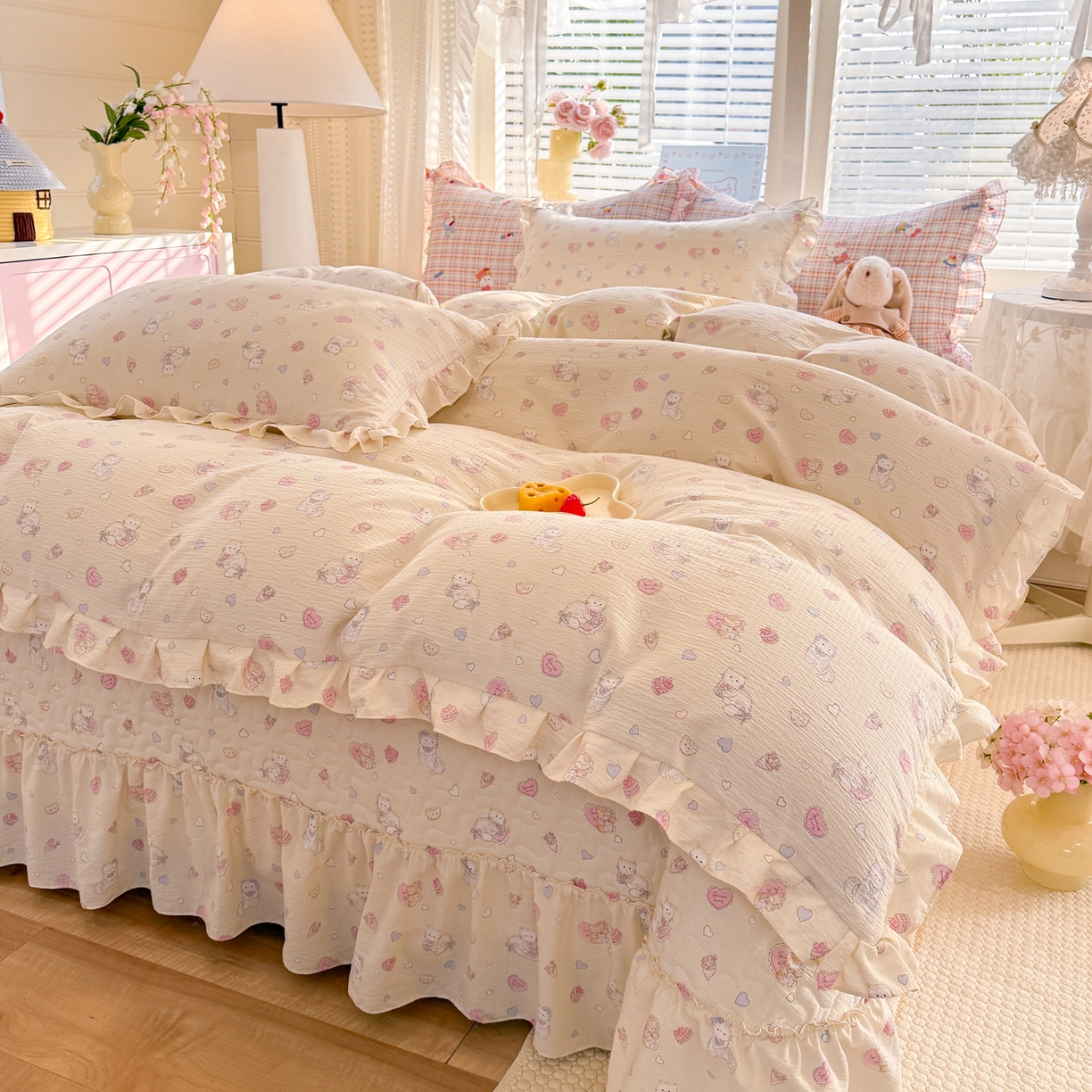 91家纺网 家纺一手货源 找家纺 逸尚阁 2026新款韩版木棉床盖四件套 幸运喵蓝