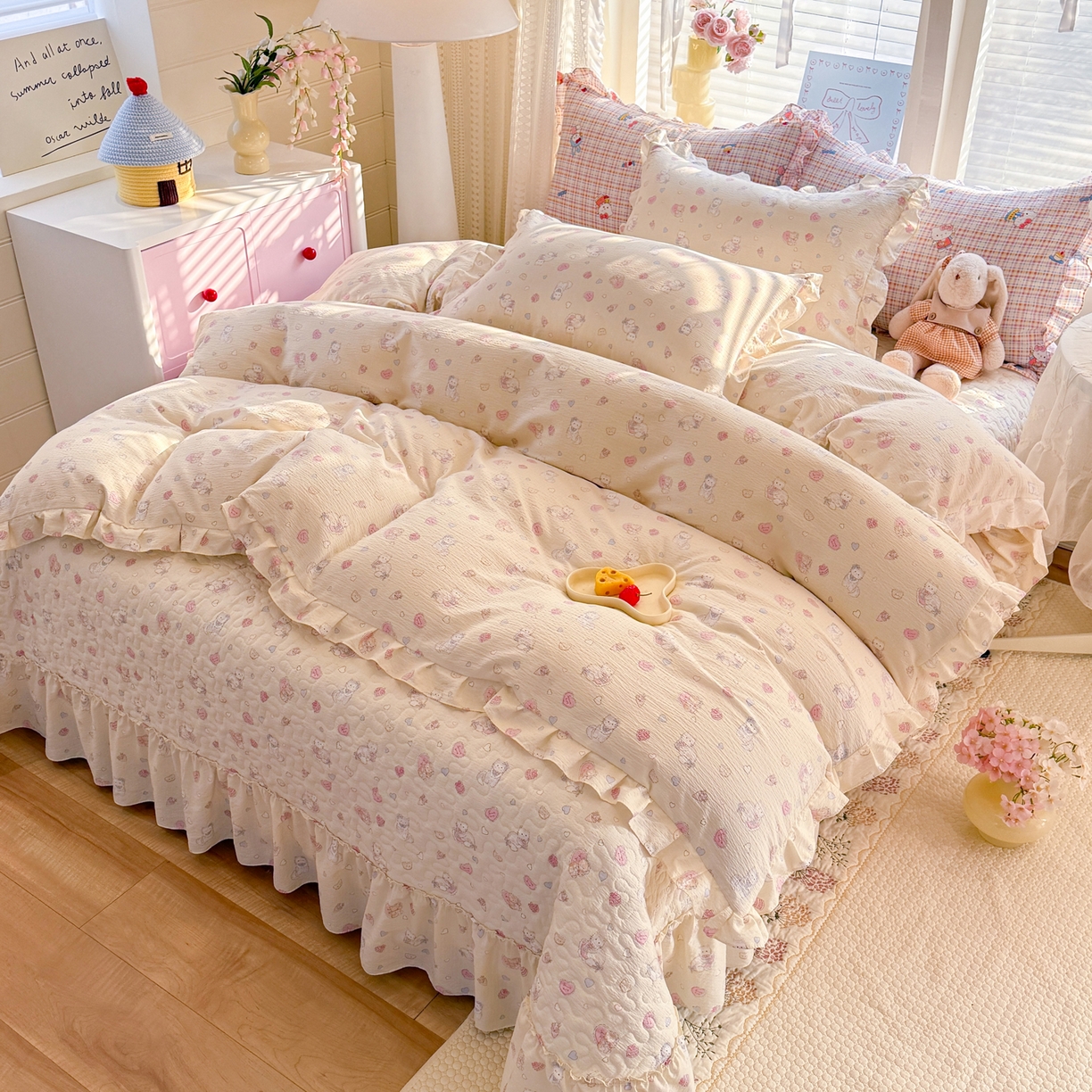 91家纺网 家纺一手货源 找家纺 逸尚阁 2026新款韩版木棉床盖四件套 幸运喵蓝