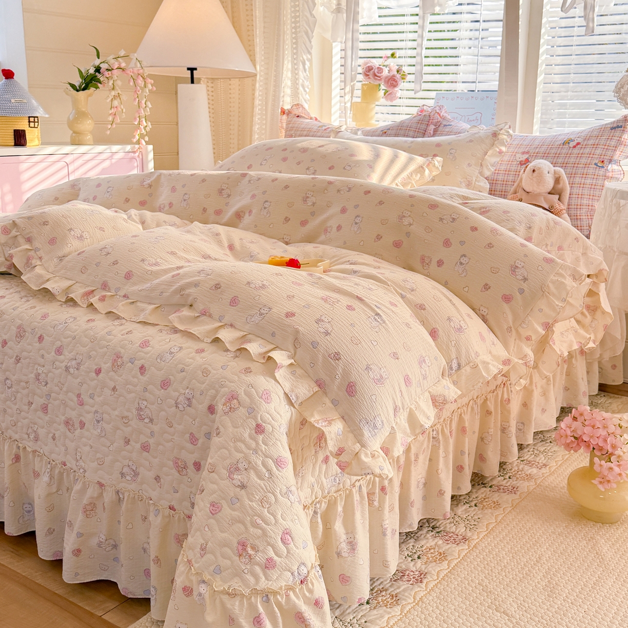 91家纺网 家纺一手货源 找家纺 逸尚阁 2026新款韩版木棉床盖四件套 幸运喵蓝