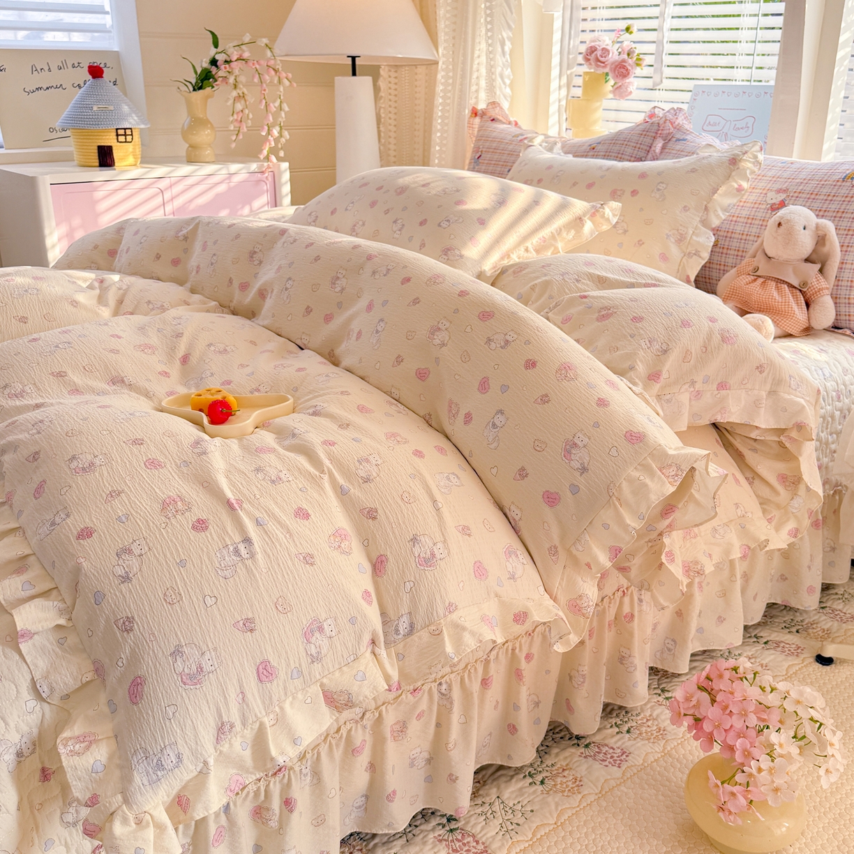 91家纺网 家纺一手货源 找家纺 逸尚阁 2026新款韩版木棉床盖四件套 幸运喵蓝