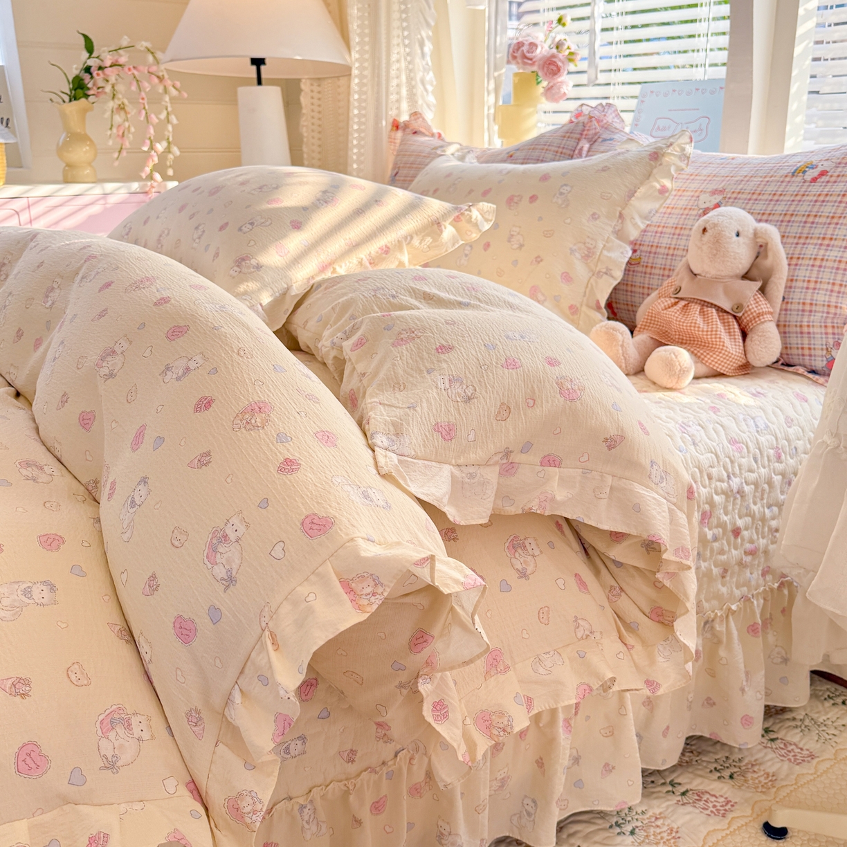 91家纺网 家纺一手货源 找家纺 逸尚阁 2026新款韩版木棉床盖四件套 幸运喵蓝