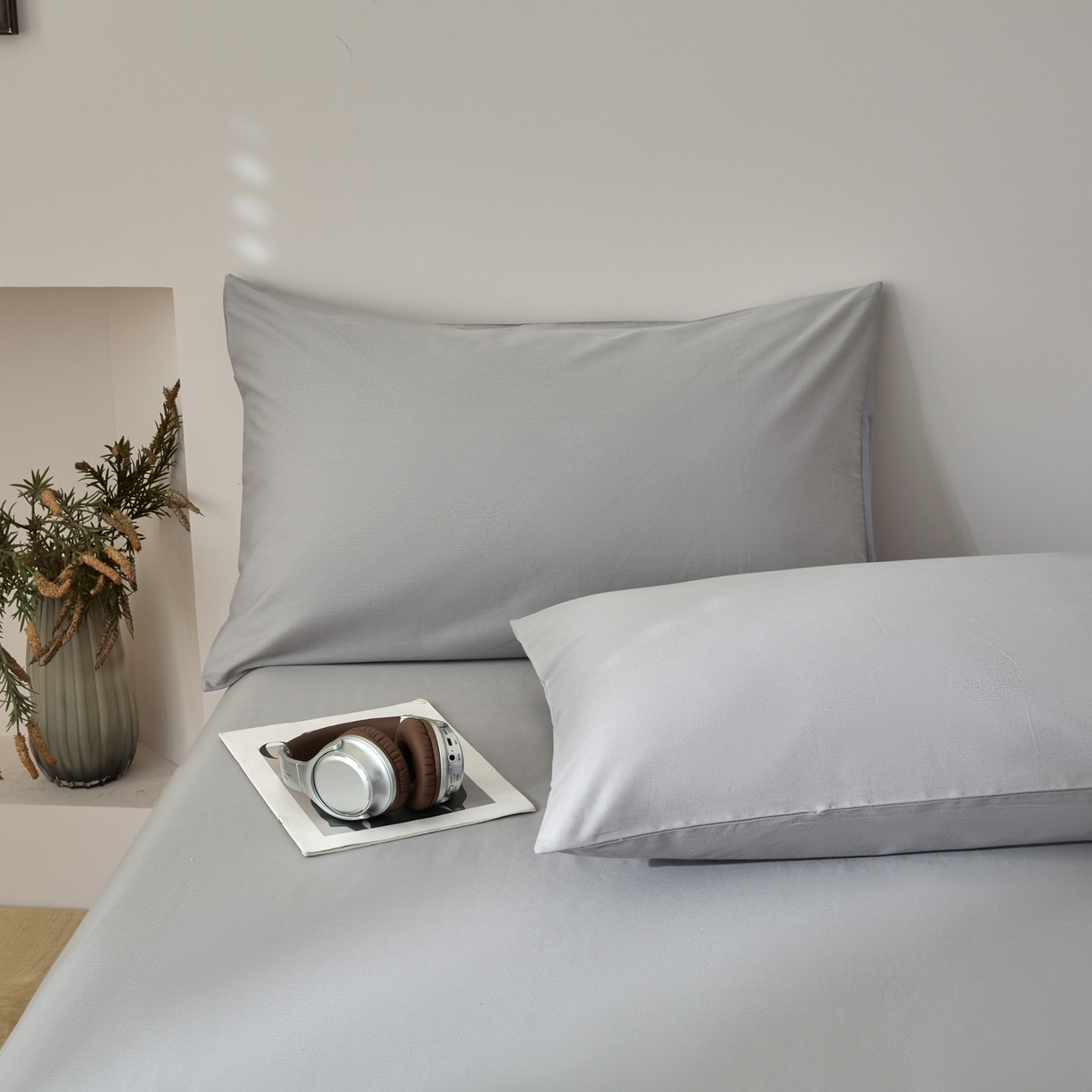 91家纺网 家纺一手货源 找家纺 泽西家纺+V17798841158发大图 2026新款全棉13376双拼纯色简约纯棉枕套枕套单件单枕套 绅士灰