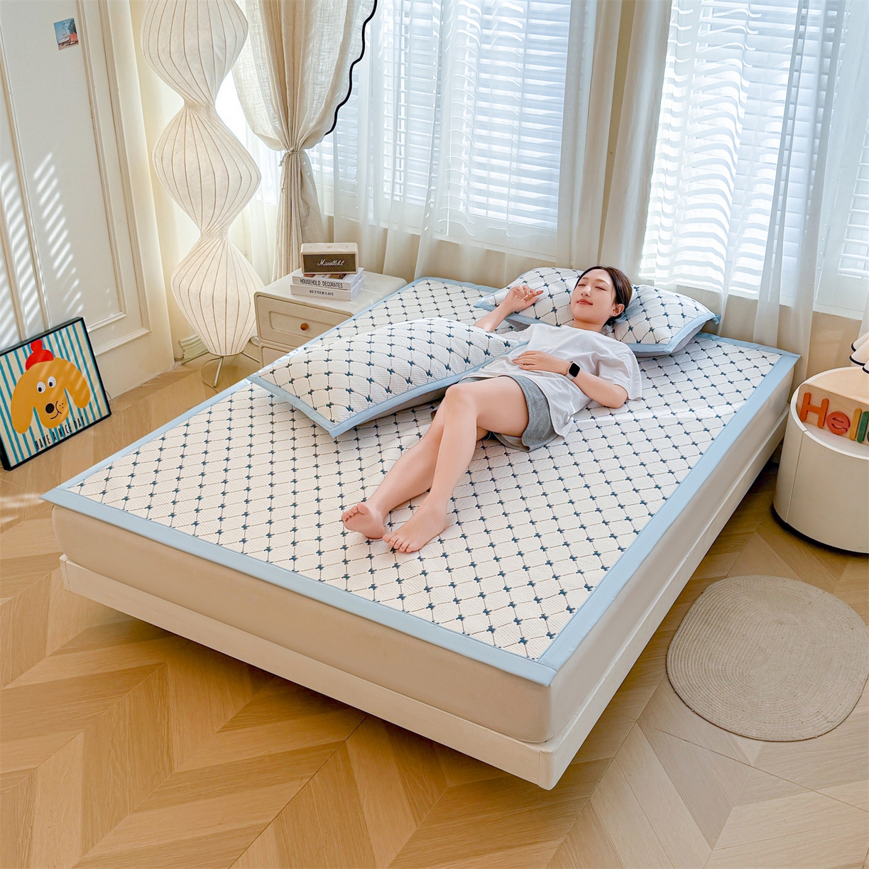 91家纺网 家纺一手货源 找家纺 恒爱家纺 2026新款A类凉感冰豆豆凉席系列三件套 一马当先-蓝