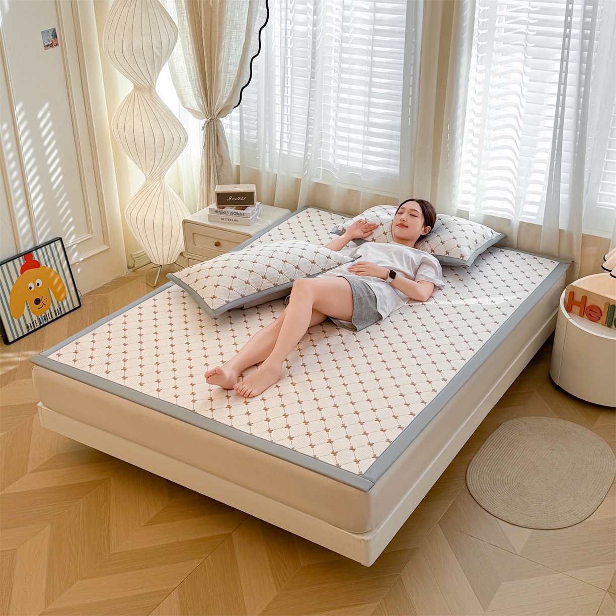 91家纺网 家纺一手货源 找家纺 恒爱家纺 2026新款A类凉感冰豆豆凉席系列三件套 一马当先-咖