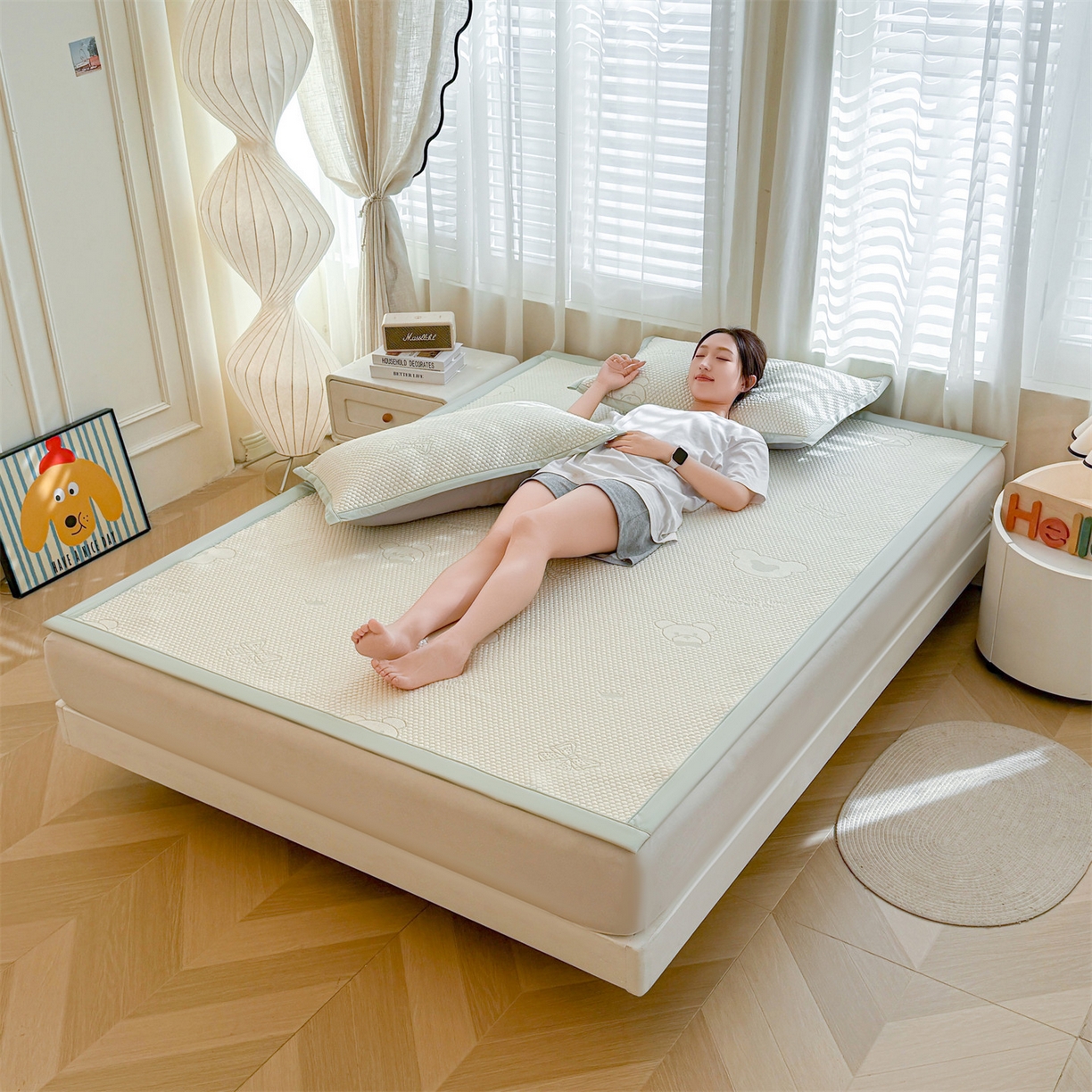 91家纺网 家纺一手货源 找家纺 恒爱家纺 2026新款A类凉感冰豆豆凉席系列三件套 轻松熊-绿