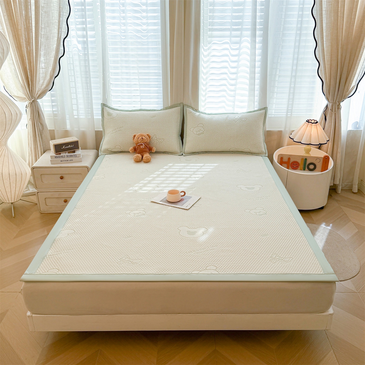 91家纺网 家纺一手货源 找家纺 恒爱家纺 2026新款A类凉感冰豆豆凉席系列三件套 轻松熊-绿