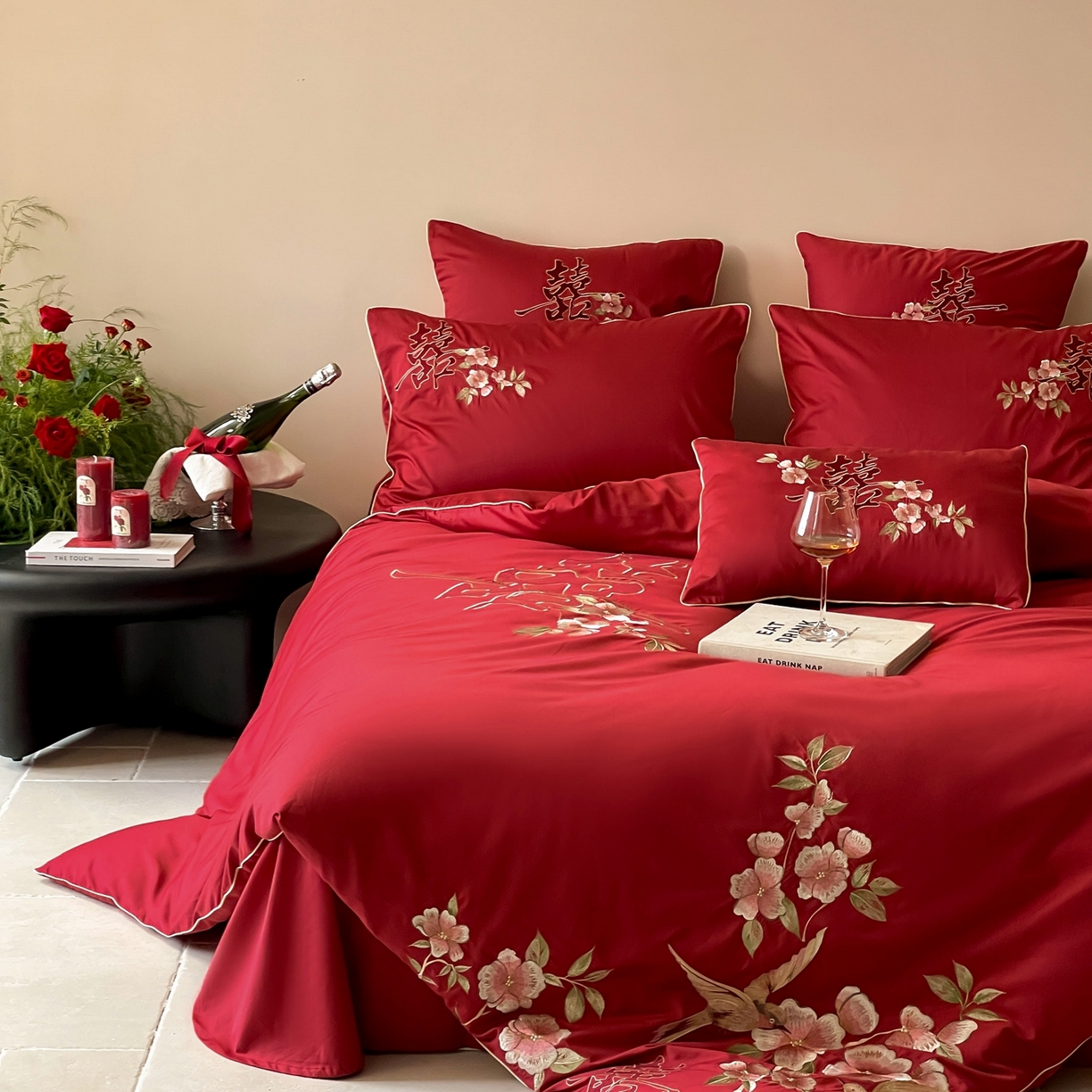 91家纺网 家纺一手货源 找家纺 （总）西西家居 2026新款100支长绒棉纯棉大红婚庆四件套-鸟语花香