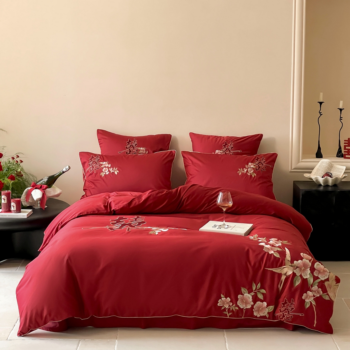 91家纺网 家纺一手货源 找家纺 （总）西西家居 2026新款100支长绒棉纯棉大红婚庆四件套-鸟语花香