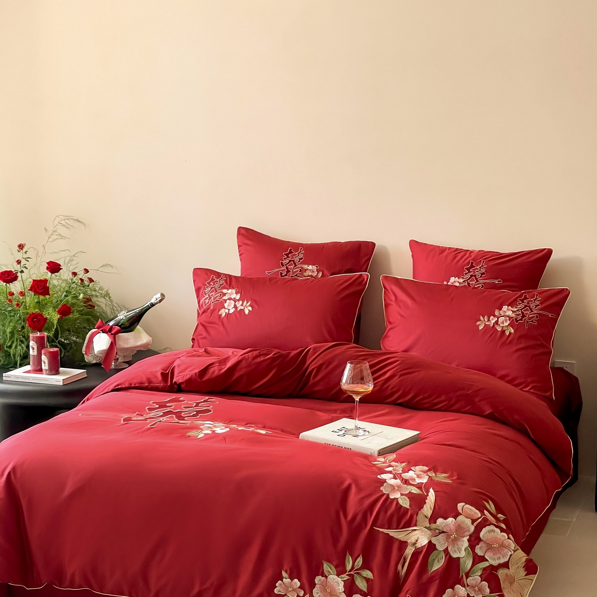 91家纺网 家纺一手货源 找家纺 （总）西西家居 2026新款100支长绒棉纯棉大红婚庆四件套-鸟语花香