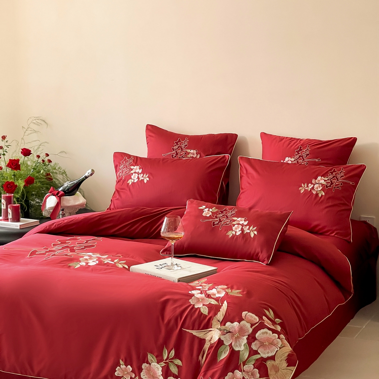 91家纺网 家纺一手货源 找家纺 （总）西西家居 2026新款100支长绒棉纯棉大红婚庆四件套-鸟语花香