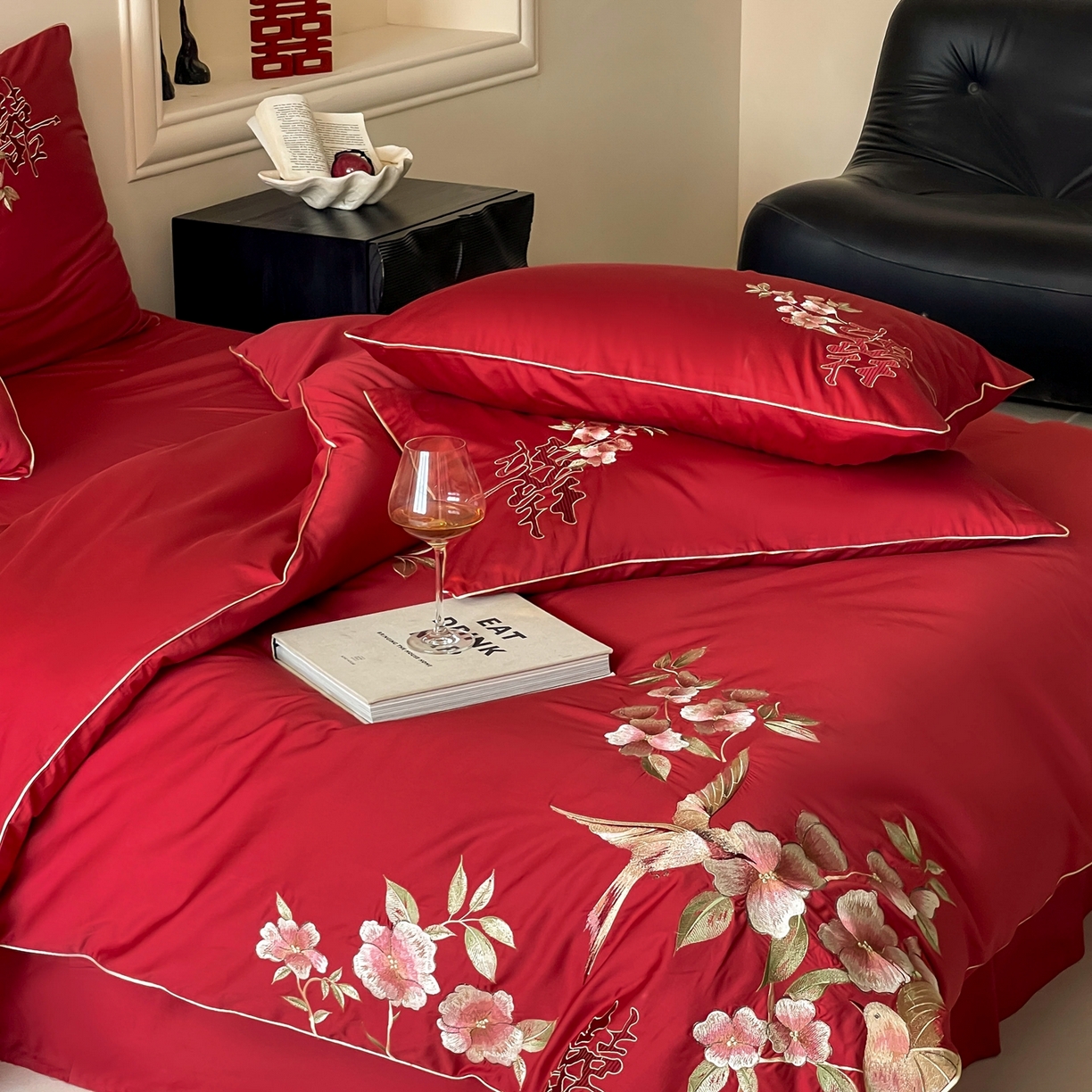 91家纺网 家纺一手货源 找家纺 （总）西西家居 2026新款100支长绒棉纯棉大红婚庆四件套-鸟语花香