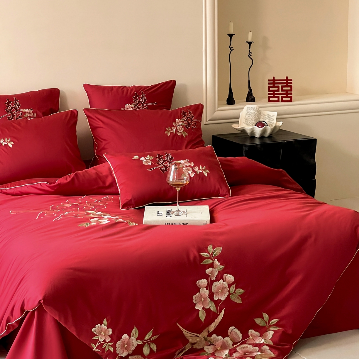 91家纺网 家纺一手货源 找家纺 （总）西西家居 2026新款100支长绒棉纯棉大红婚庆四件套-鸟语花香
