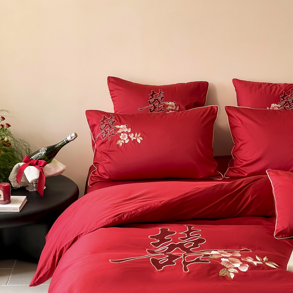 91家纺网 家纺一手货源 找家纺 （总）西西家居 2026新款100支长绒棉纯棉大红婚庆四件套-鸟语花香