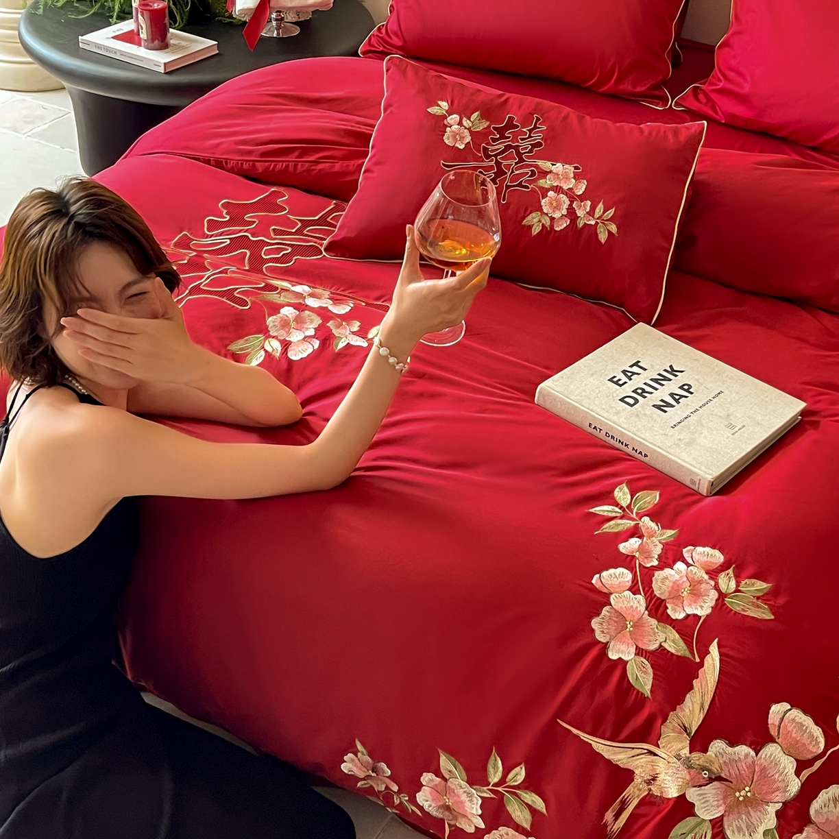 91家纺网 家纺一手货源 找家纺 （总）西西家居 2026新款100支长绒棉纯棉大红婚庆四件套-鸟语花香