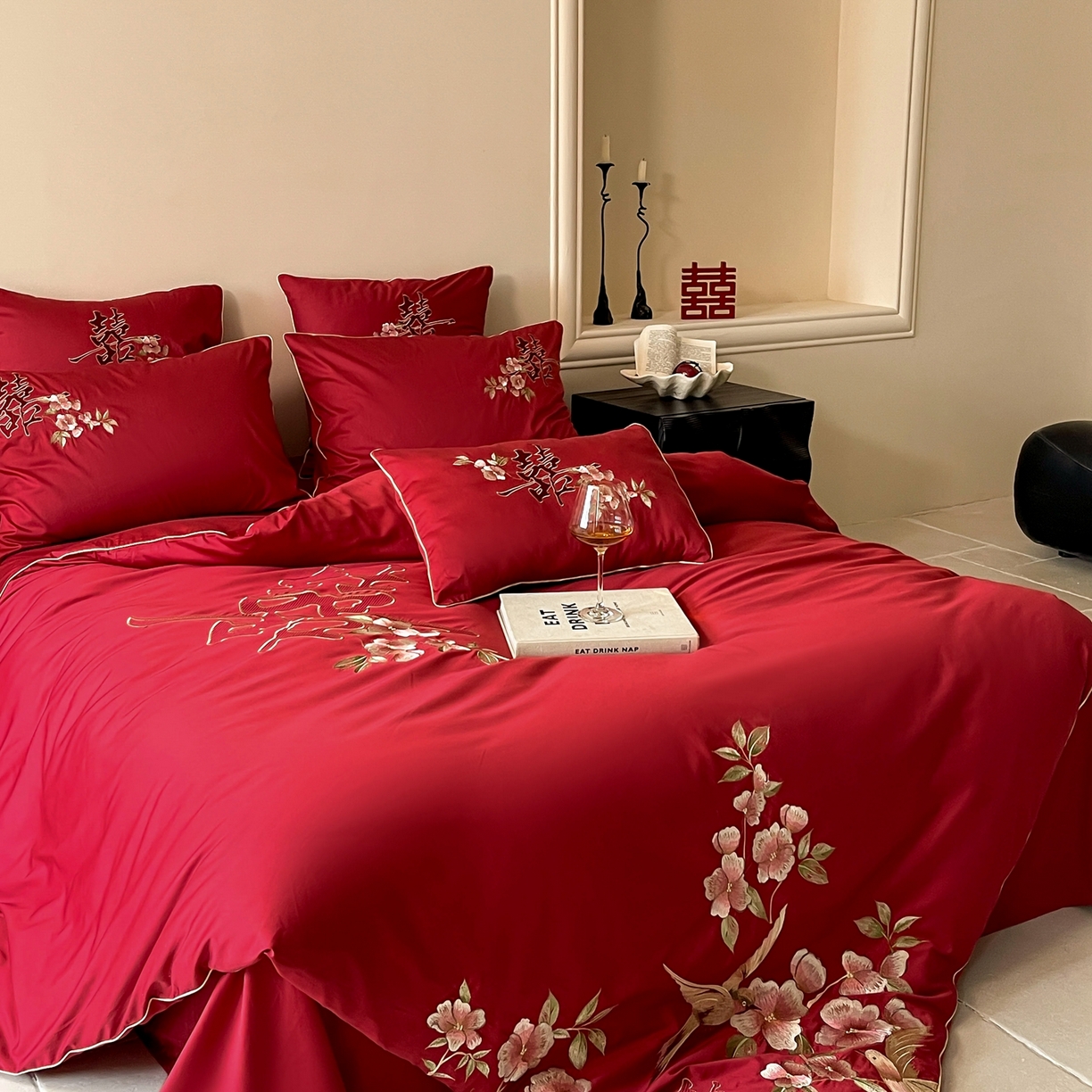 91家纺网 家纺一手货源 找家纺 （总）西西家居 2026新款100支长绒棉纯棉大红婚庆四件套-鸟语花香