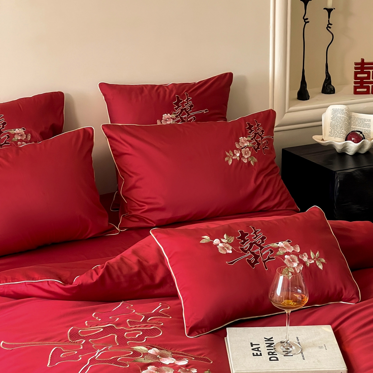 91家纺网 家纺一手货源 找家纺 （总）西西家居 2026新款100支长绒棉纯棉大红婚庆四件套-鸟语花香