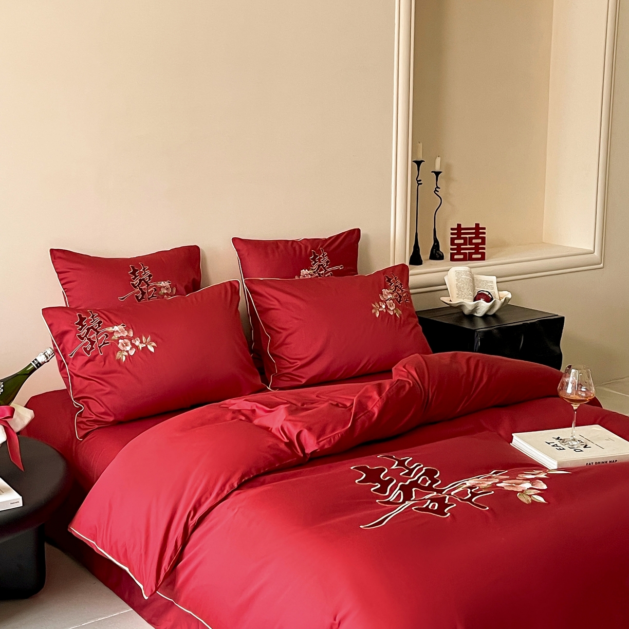 91家纺网 家纺一手货源 找家纺 （总）西西家居 2026新款100支长绒棉纯棉大红婚庆四件套-鸟语花香