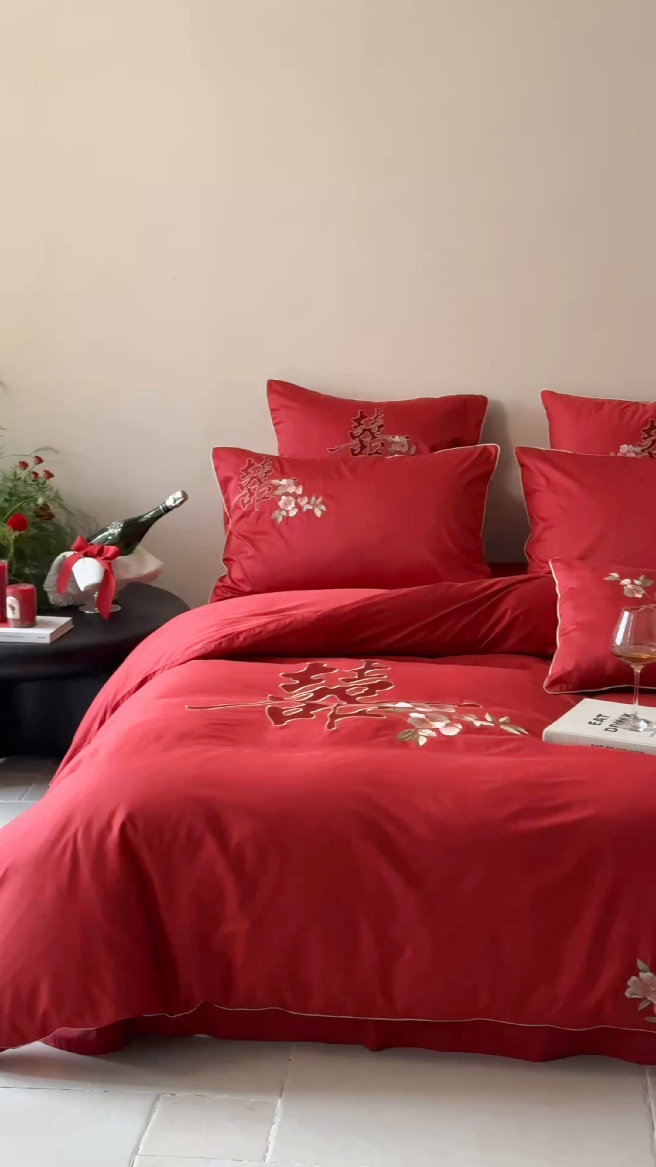 91家纺网 家纺一手货源 找家纺 （总）西西家居 2026新款100支长绒棉纯棉大红婚庆四件套-鸟语花香